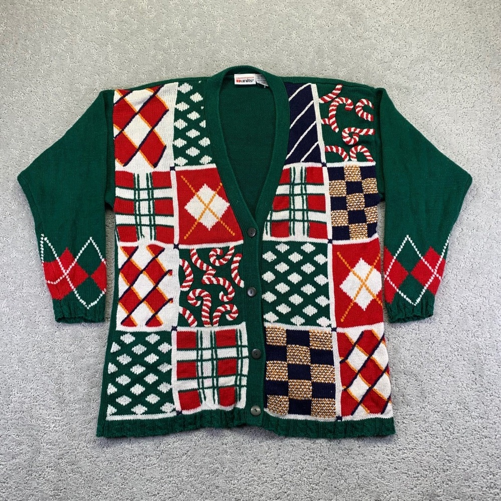 Vintage Units Cardigan Sweater‎ Womens S Green Patchwork Argyle Ugly Christmas